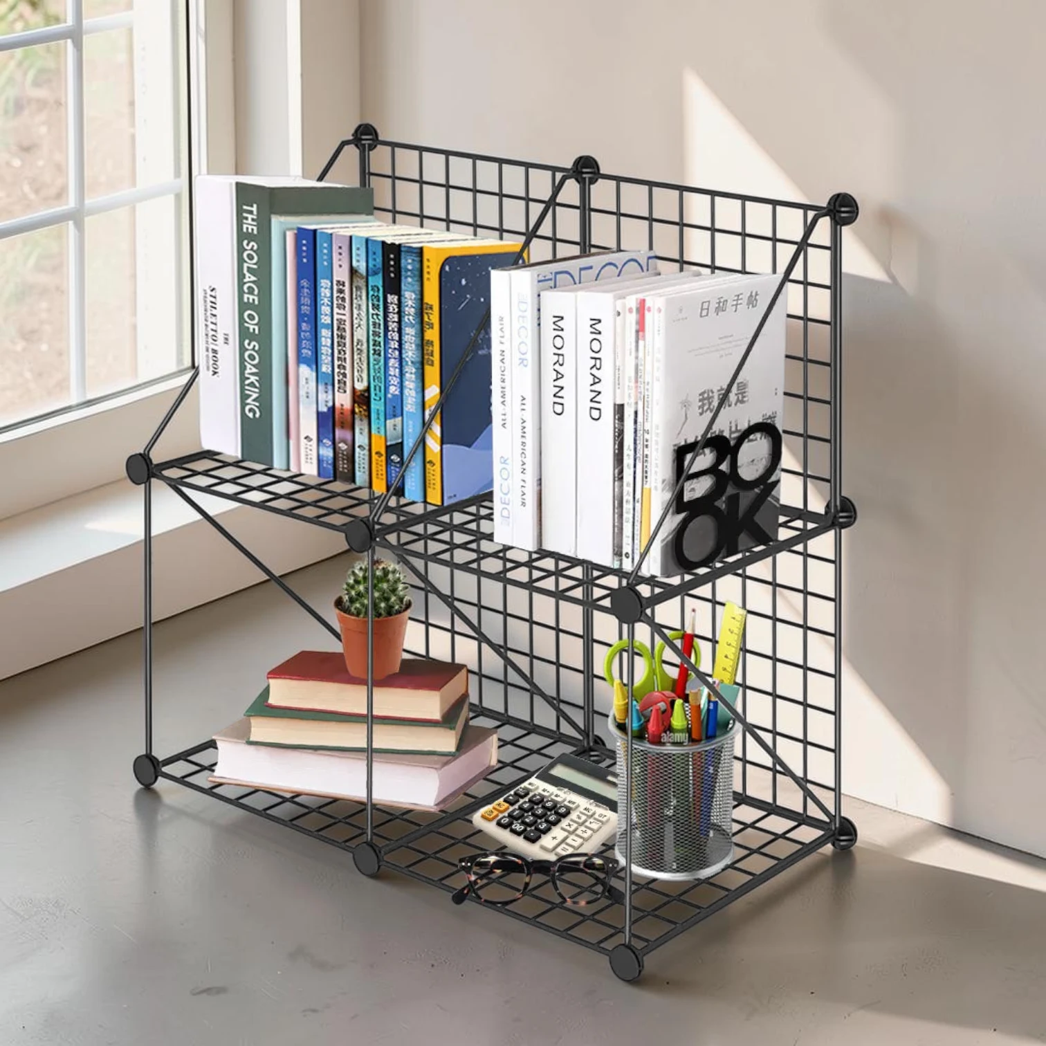 Avioralexen 4-Cube Storage Organiser, Modular Wire Grid Shelving Unit, Black, 75x37x75cm
