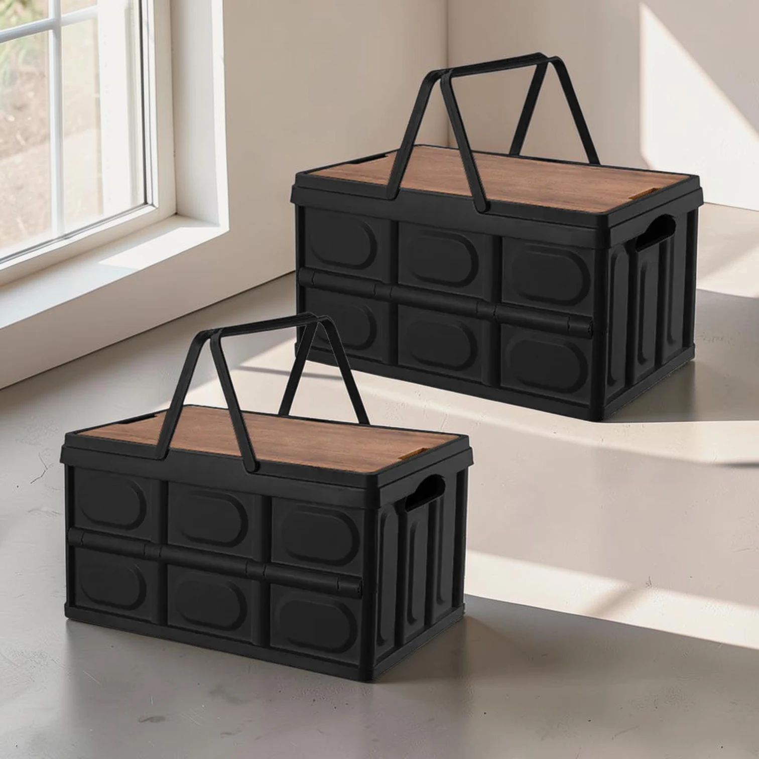 Avioralexen 55L Foldable Storage Box Crate, Black Plastic, 52.5cm x 35.5cm x 29.5cm, 2-Pack