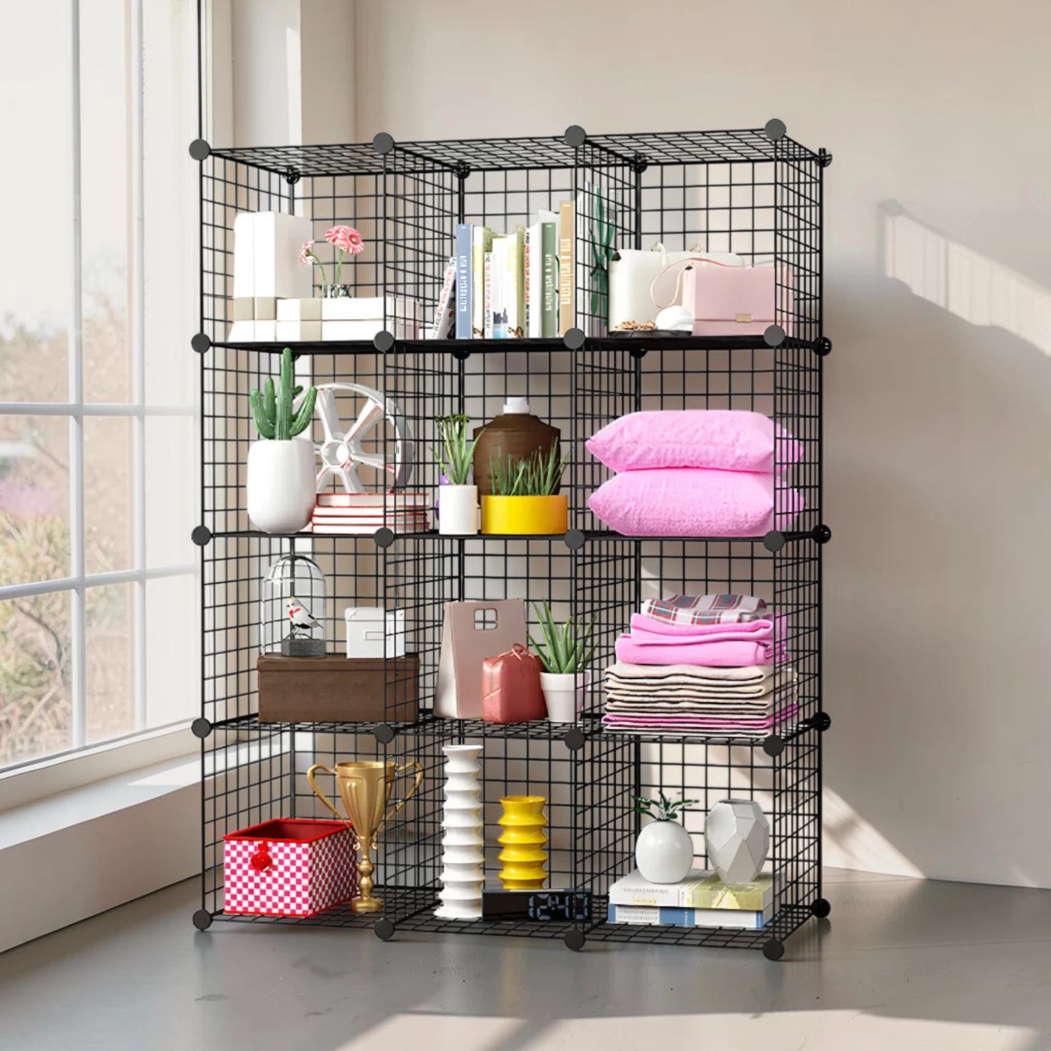 Avioralexen 12-Cube Storage Organiser, Foldable DIY Modular Grid Shelf, Black Metal Wire Mesh, 110.5x37x146cm