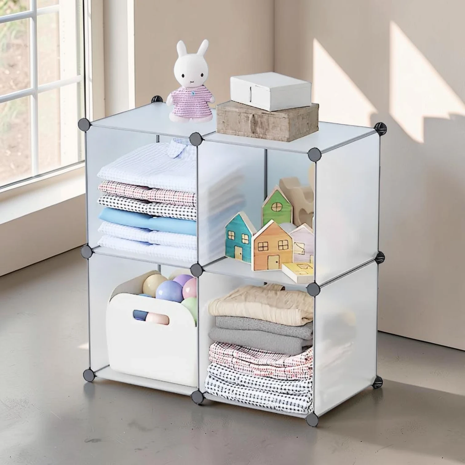 Avioralexen 4-Cube Transparent Shelf Box, Modular Polypropylene Plastic Storage Organizer, 75x37x75cm