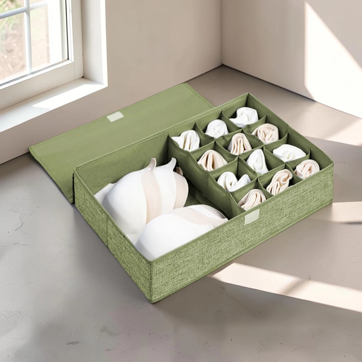 Avioralexen Flip Top Underwear Storage Box Foldable Wardrobe Partition Drawer Organiser Green 44cmx29cmx13cm