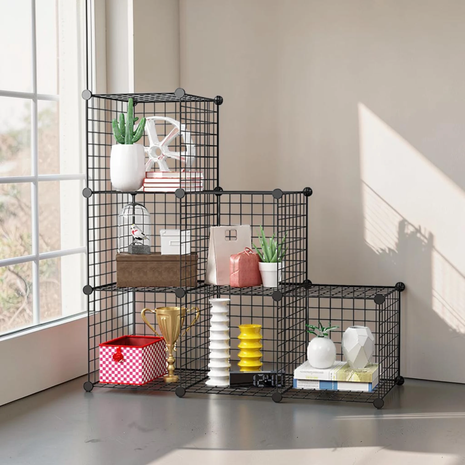 Avioralexen 6-Cube 3-Column Portable Storage Organiser, Modular Iron Wire Mesh Shelf, Black, 110.5 x 37 x 110.5cm