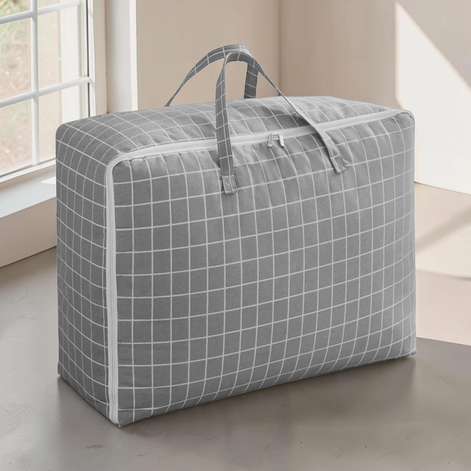 Avioralexen Grey Plaid Medium Storage Luggage Bag, Polyester and Cotton Blend, 55cm x 20cm x 30cm