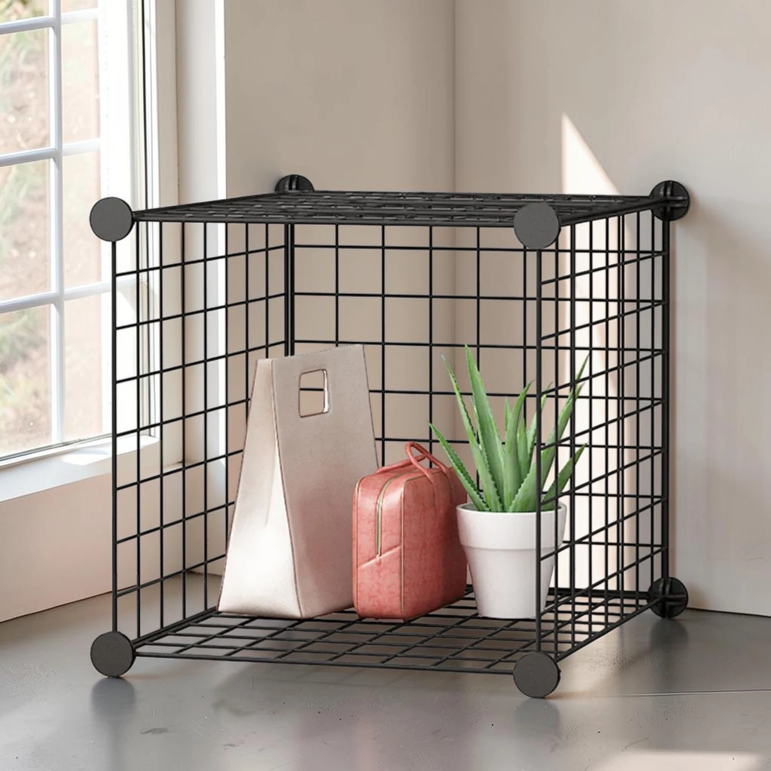 Avioralexen Portable Single Cube Storage Organizer, Iron Wire Mesh Grid, 37x37x37cm Black