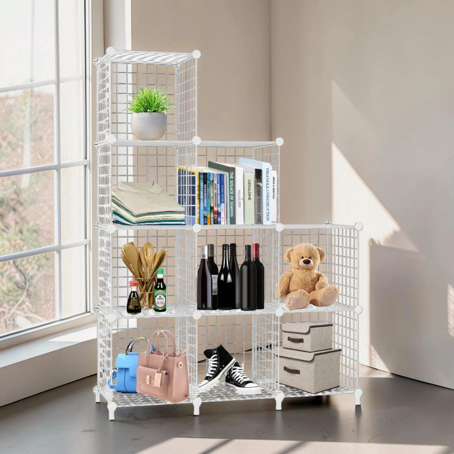 Avioralexen 9-Cube Modular Storage Organizer, White Wire Mesh Grid Shelf, 110.5x37x149cm