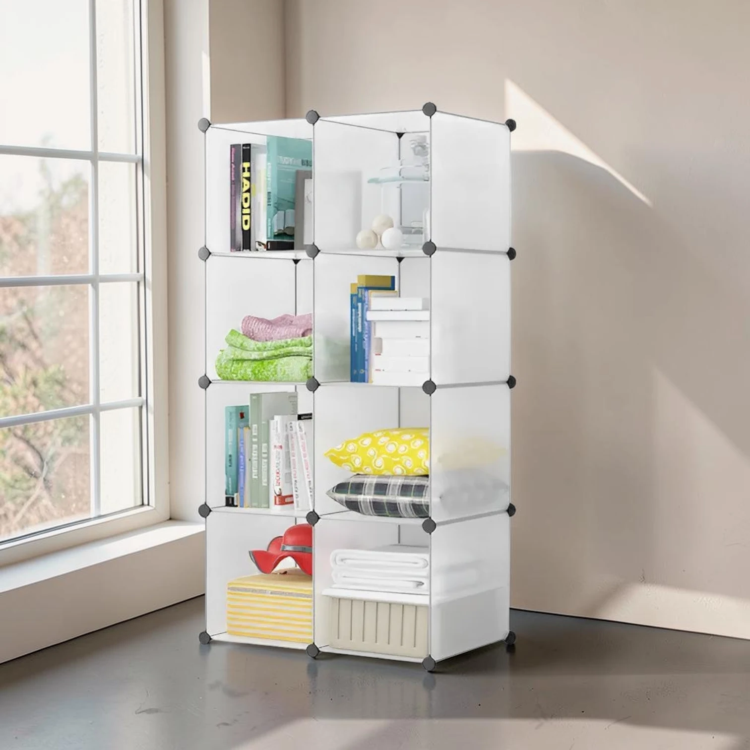Avioralexen 8-Cube Transparent Storage Shelf, Modular Polypropylene Plastic Organizer, 75x37x146cm