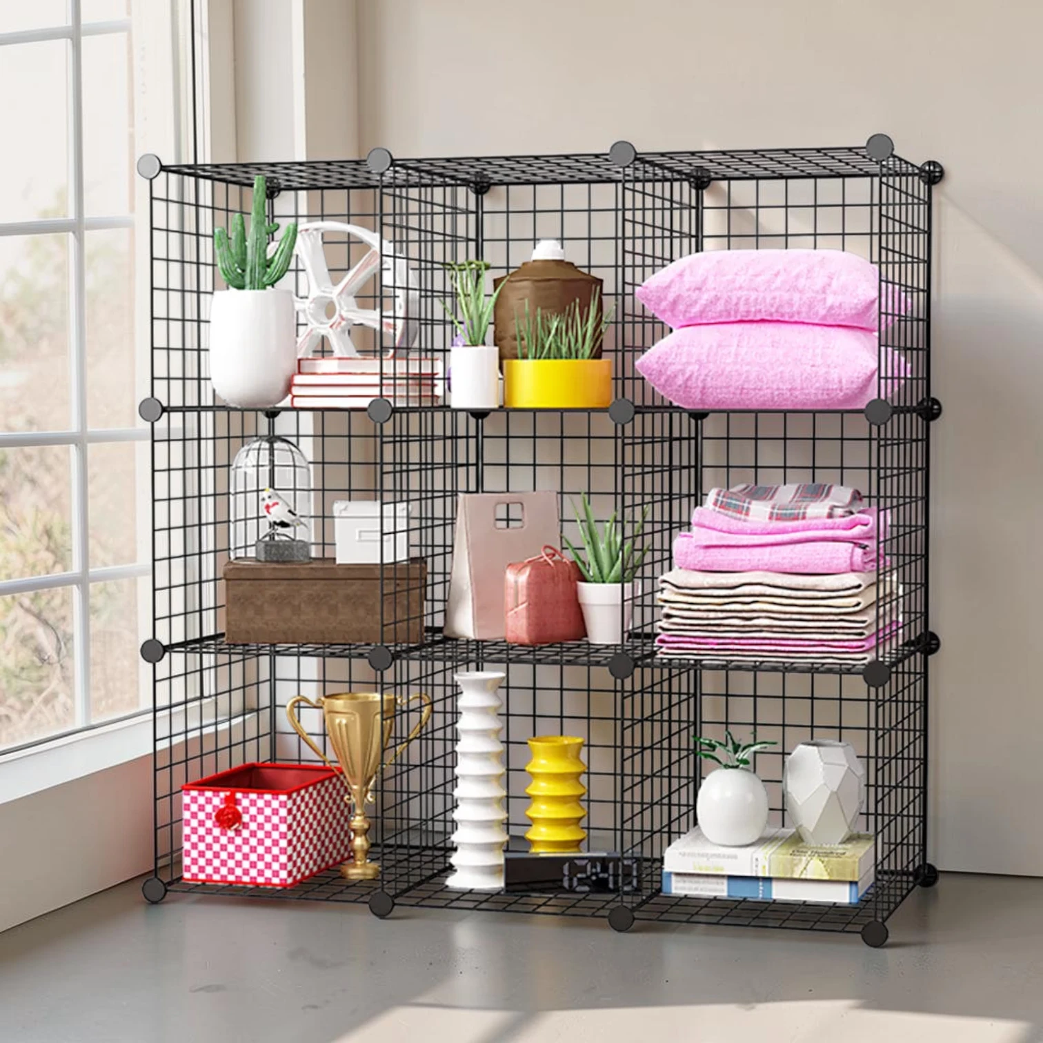 Avioralexen 9-Cube Storage Organiser, Modular Iron Wire Mesh Shelving Unit, Black, 110.5x37x110.5cm