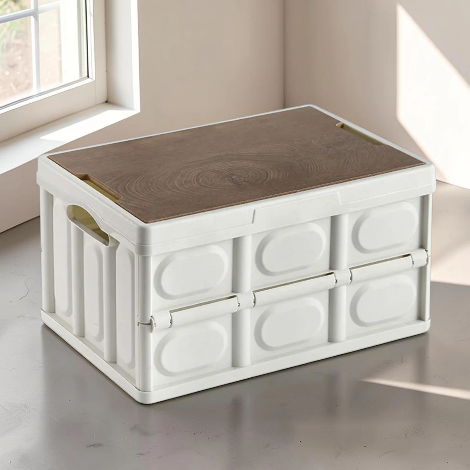 Avioralexen Foldable Storage Box Crate, 55L Stackable Plastic Container, 52.5 x 35.5 x 29.5 cm, White