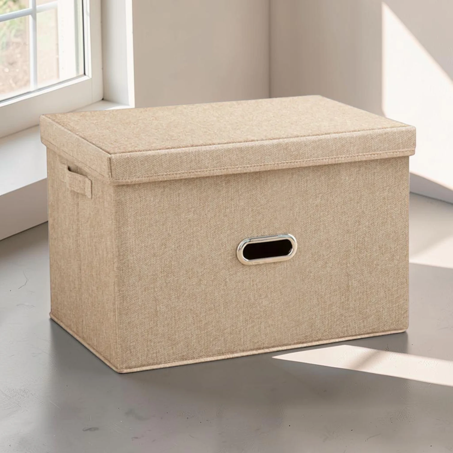 Avioralexen Small Foldable Canvas Storage Box Beige Fabric Organizer 32cm x 24cm x 18cm