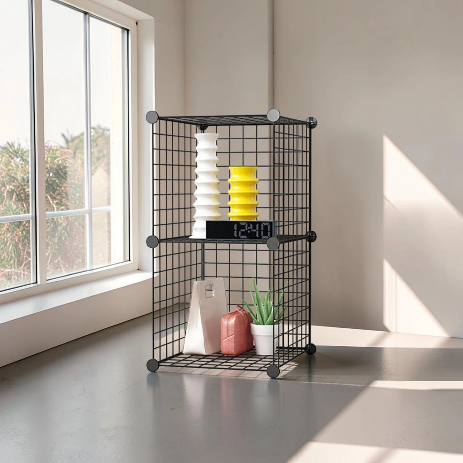 Avioralexen 2 Tier Cube Storage Organiser, Iron Wire Mesh Modular Shelving, 37x37x75cm Black