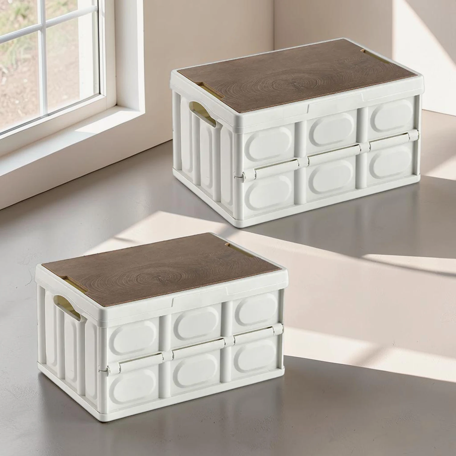 Avioralexen 2-Pack 55L Foldable Storage Box Crate, White Plastic Stackable Container, 52.5x35.5x29.5cm