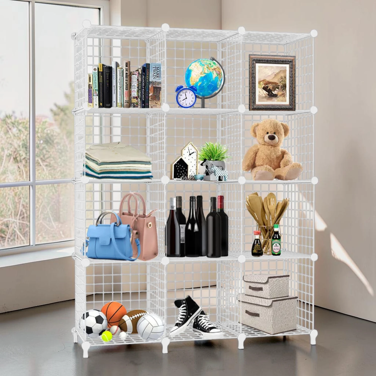 Avioralexen 12-Cube Storage Organiser, Modular Wire Mesh Grid Shelving Unit, White, 110.5x37x113.5cm