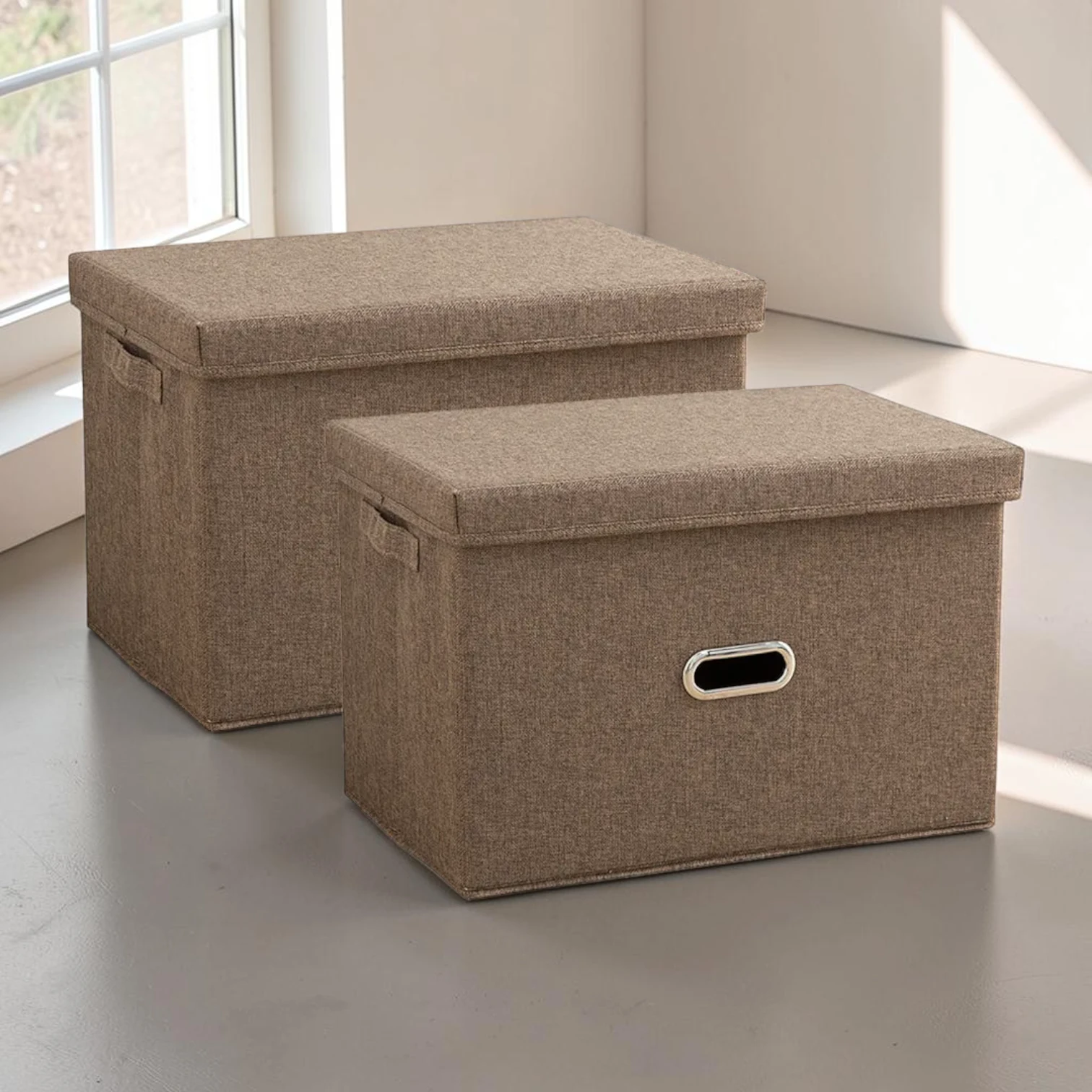 Avioralexen Foldable Canvas Storage Box, Medium Fabric Organizer Bin, Coffee, 37cm x 27cm x 26cm, Set of 2