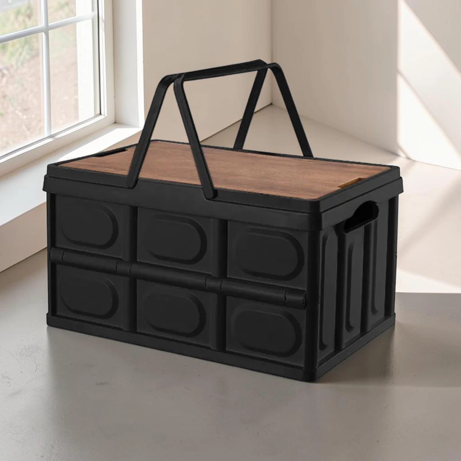 Avioralexen 55L Foldable Storage Box, Black Plastic Stackable Crate with Handle, 52.5cm x 35.5cm x 29.5cm
