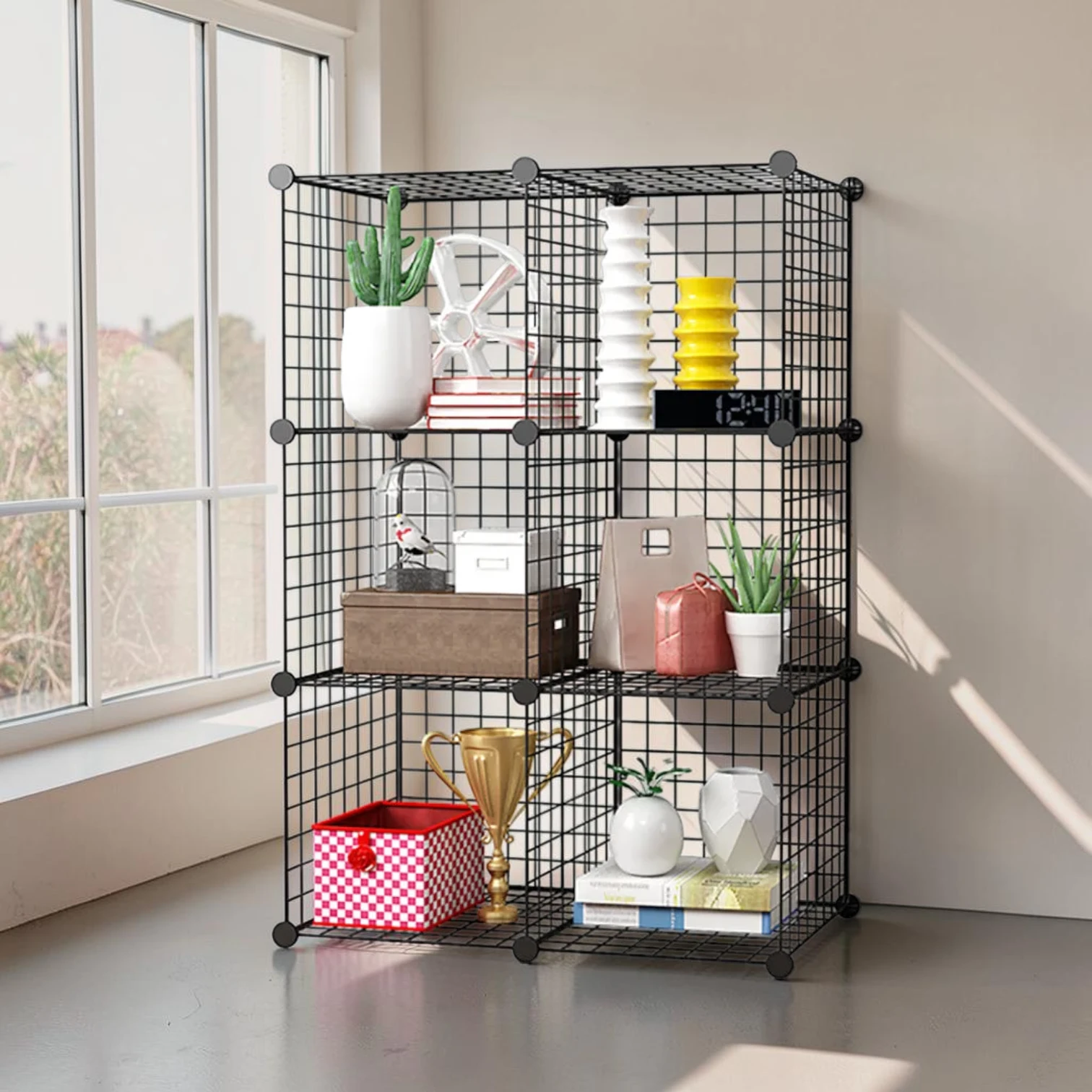 Avioralexen 6-Cube Storage Organiser, Modular Iron Wire Grid Shelving Unit, 75x37x110.5cm Black
