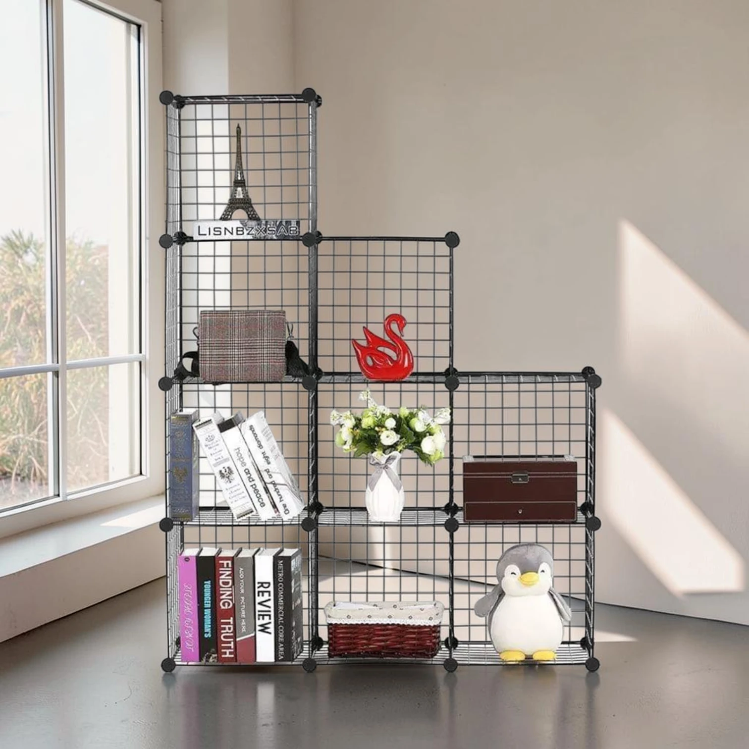 Avioralexen 9-Cube Modular Storage Organizer, Iron Wire Mesh DIY Shelving Unit, 110.5x37x146cm Black