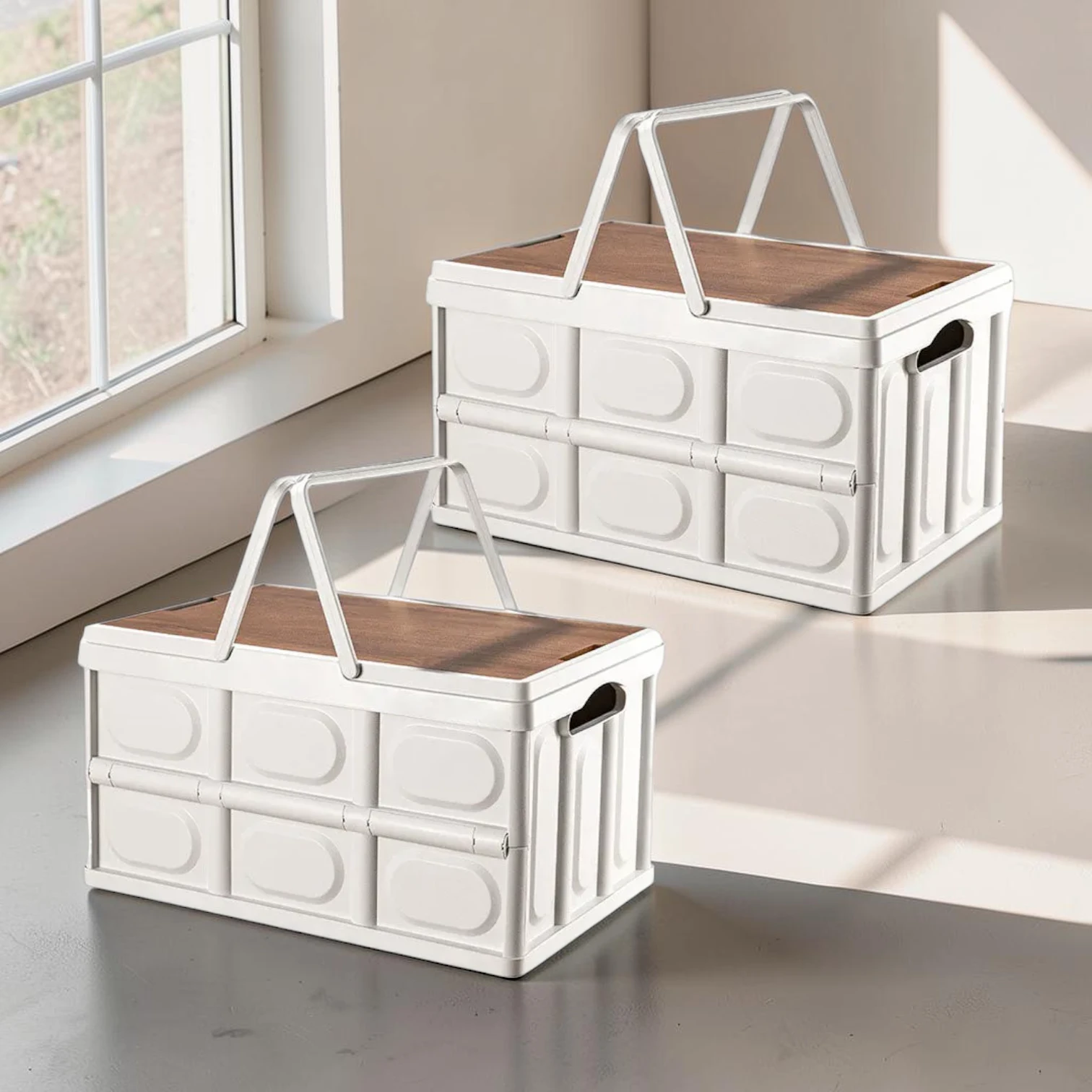 Avioralexen 55L Foldable Storage Box, 2-Pack, White Plastic Stackable Crate with Handles, 52.5cm x 35.5cm x 29.5cm