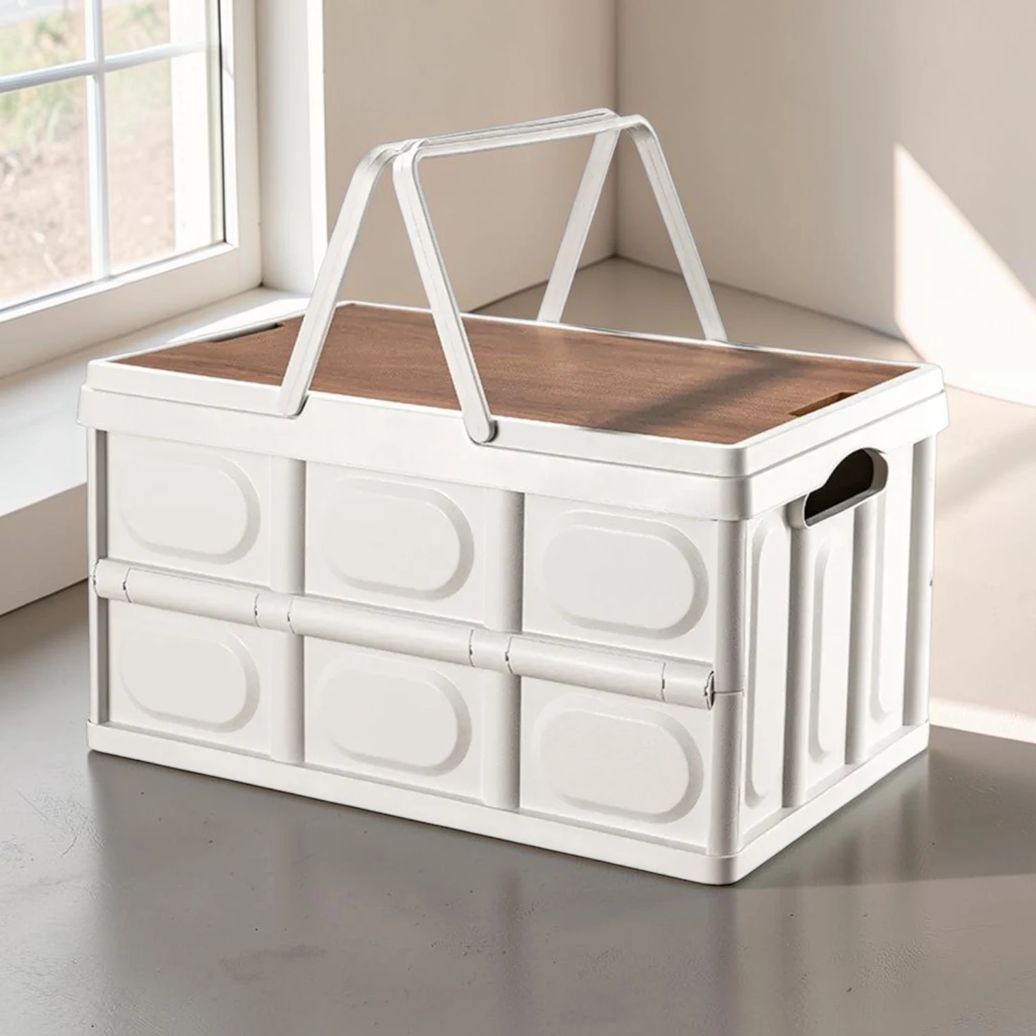 Avioralexen 30L Foldable Storage Box, Plastic Stackable Crate with Handle, 42cm x 28.5cm x 23.5cm White